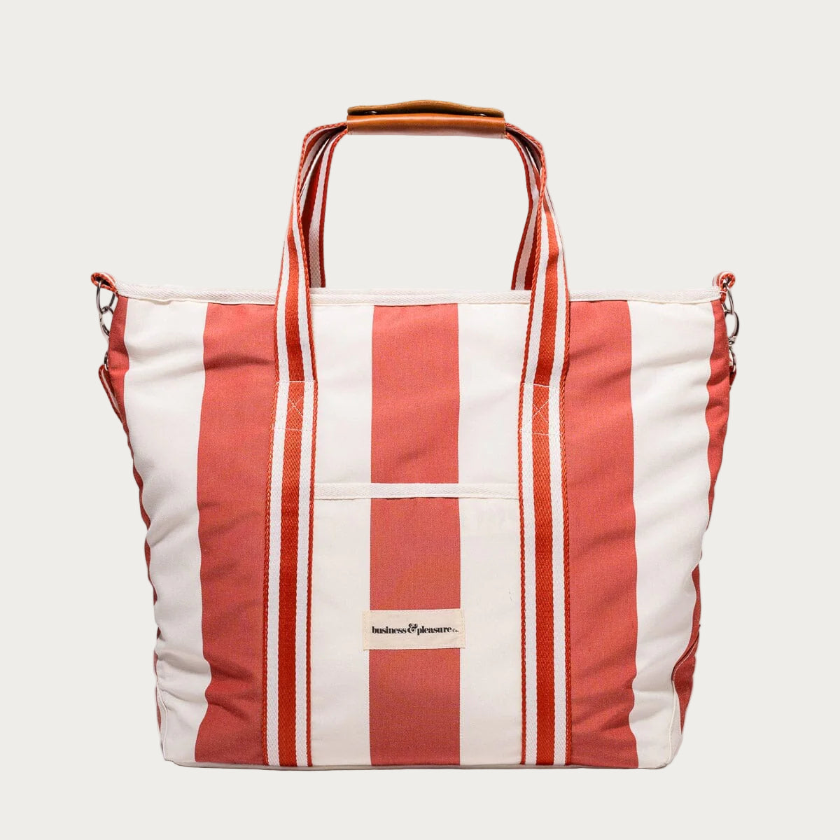 Red and white striped tote bag on a white background
