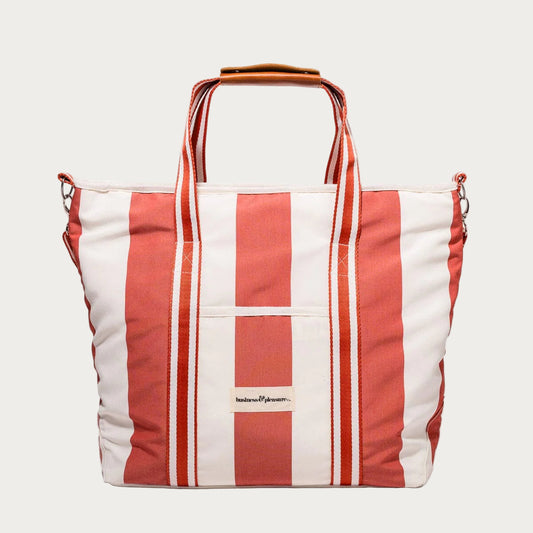 Red and white striped tote bag on a white background