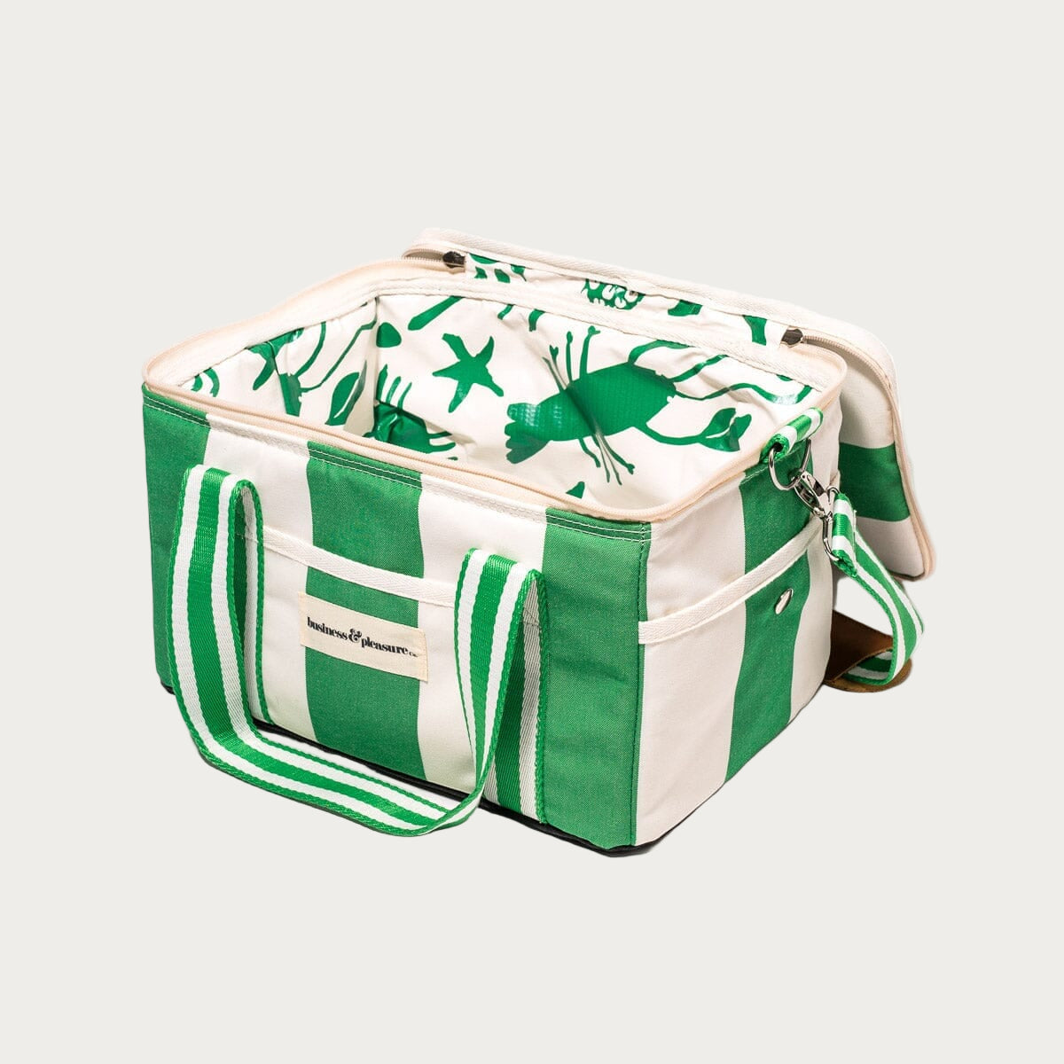 Green and white cooler bag with lobster design on a white background