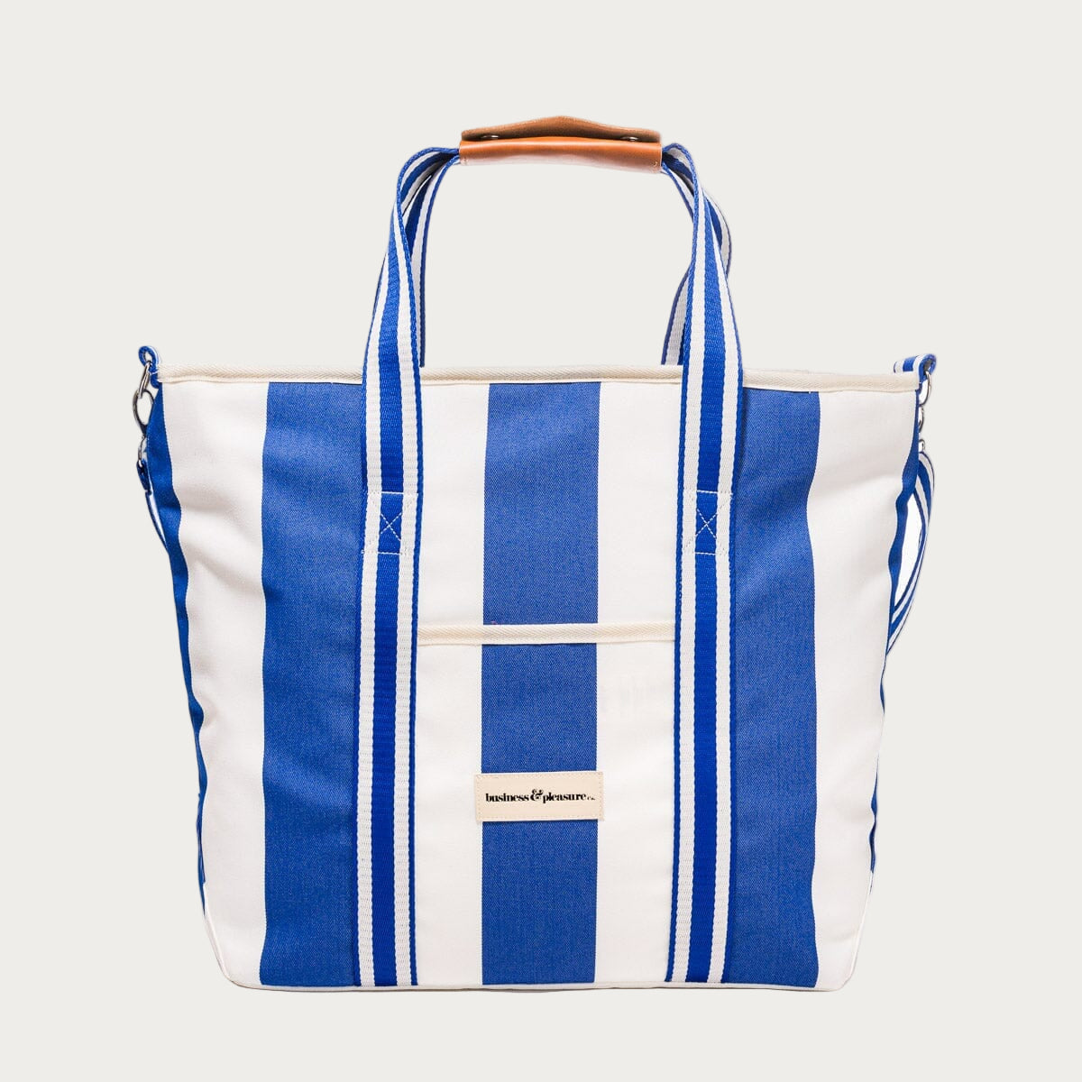 Blue and white striped tote bag with wooden handle on a white background